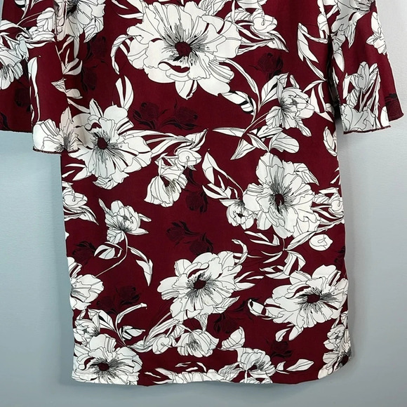 LUNA Floral Print Shift Dress Burgundy White Bell Sleeve Knee Length Size Small - Picture 4 of 11